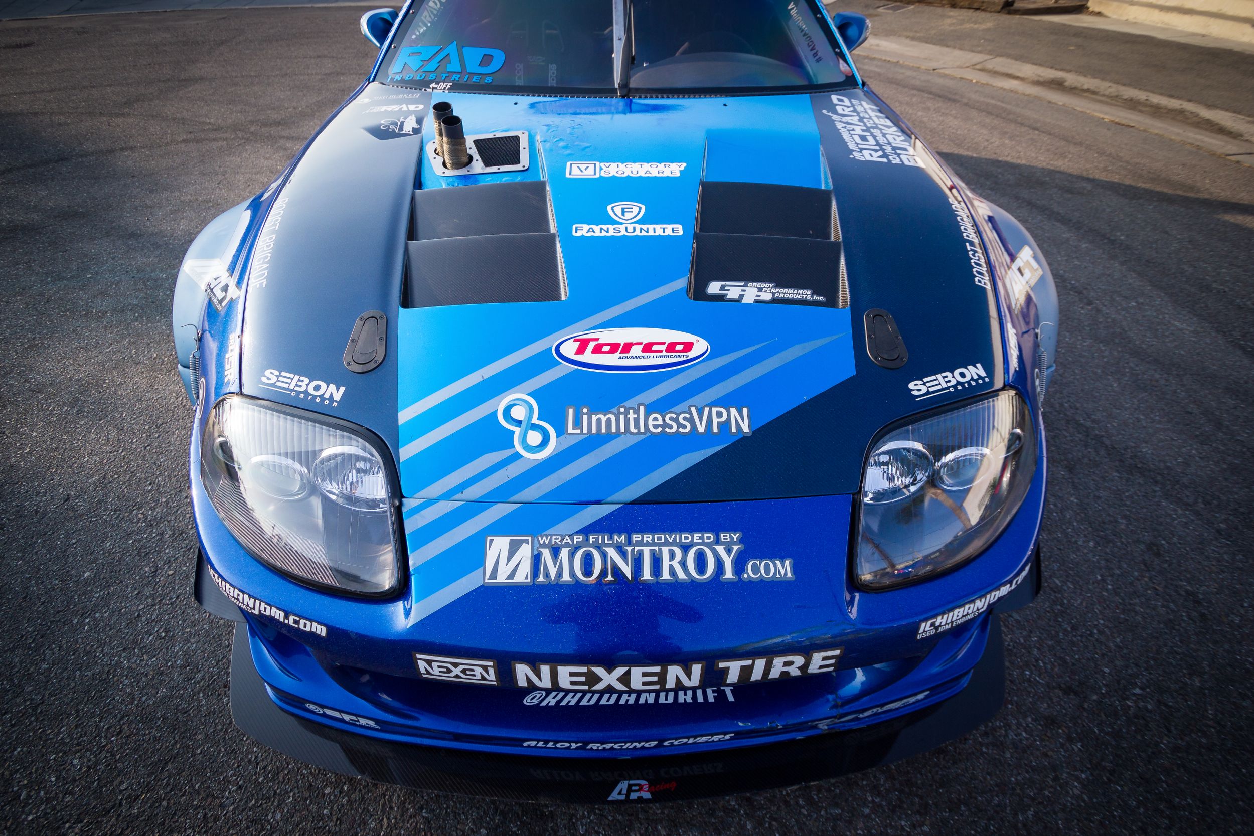 Top of hood/front view of RAD Industries Dan Burkett's blue Formula Drift Toyota Supra.