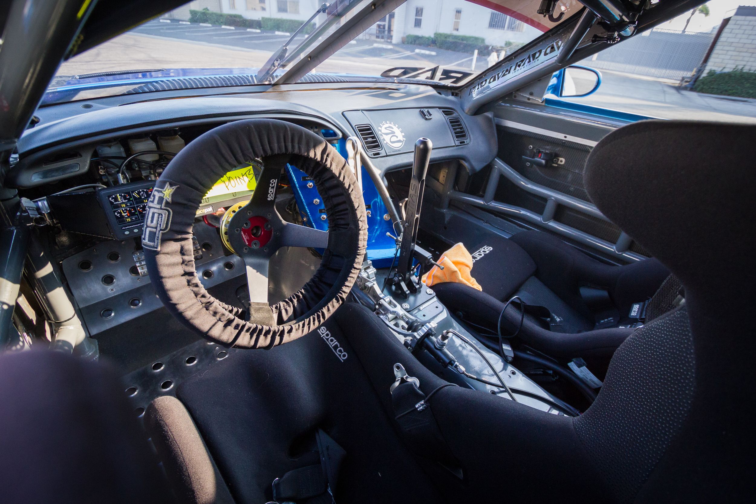 Interior of RAD Industries Dan Burkett's blue Formula Drift Toyota Supra.