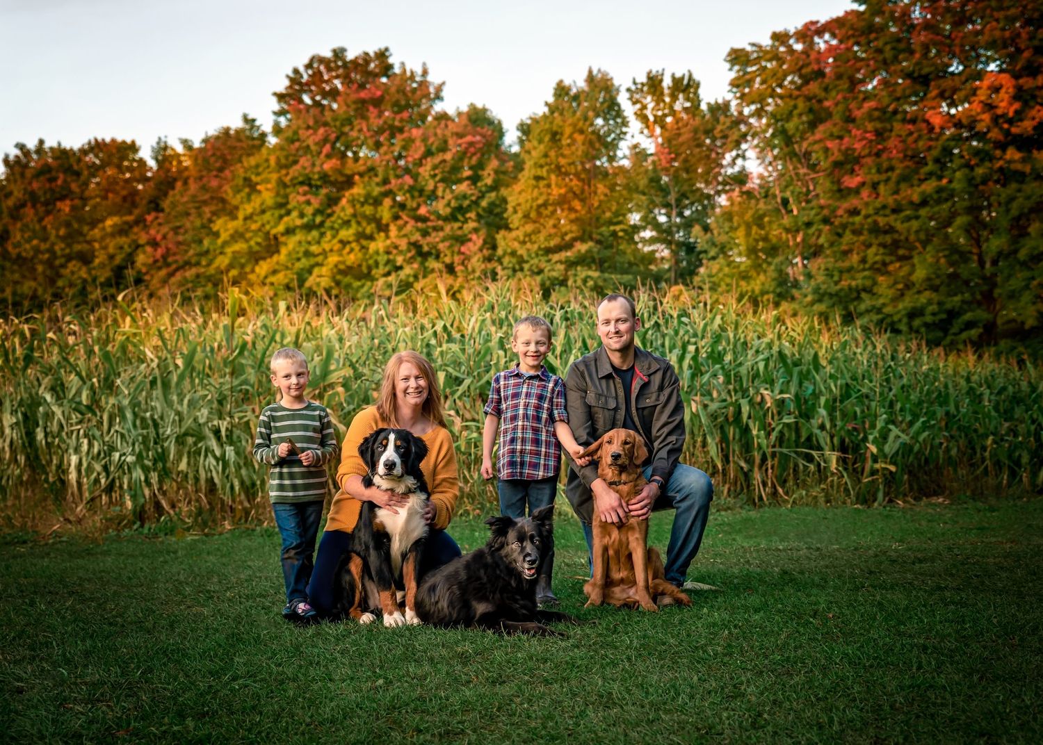 Family posing outdoors with two dogs in front of autumn cornfield at sunset.