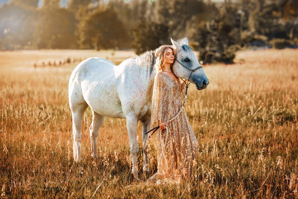 Person in flowing dress stands beside white horse in golden sunlit field.