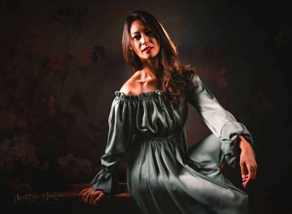 Dramatic portrait of model in flowing medieval-style dress against dark moody background.