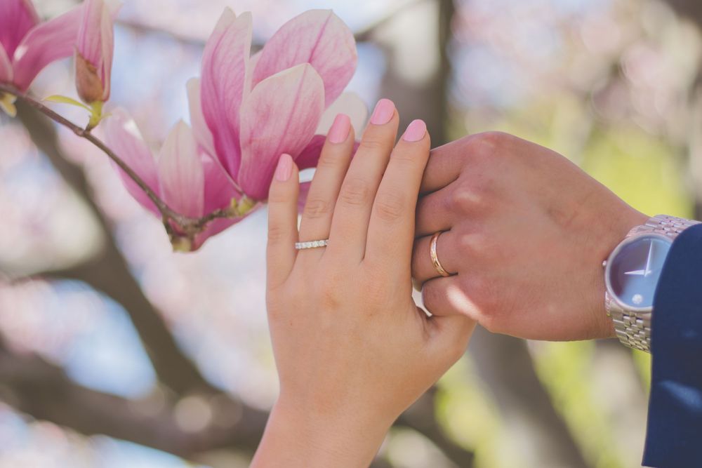 Delicate pink magnolia blossoms frame a romantic wedding moment in springtime.
