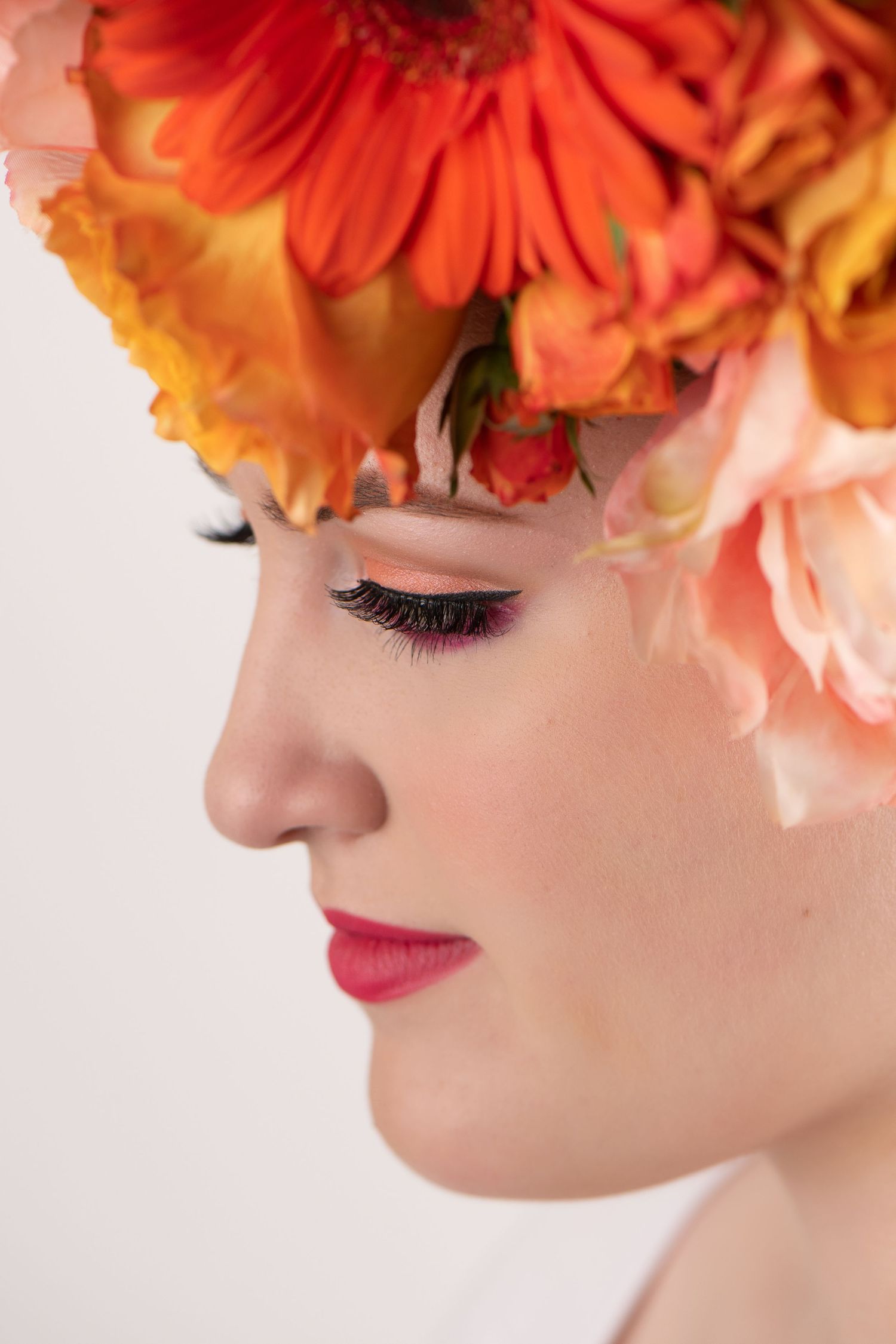 false eye lashes, pink and  orange sherbet eye-shadow liquid eye-liner, watermelon lip
