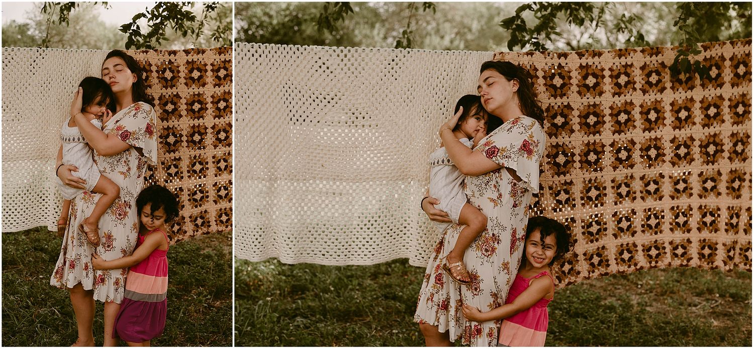 Sweet family photos showing tender moments against a patterned backdrop in warm sepia tones.