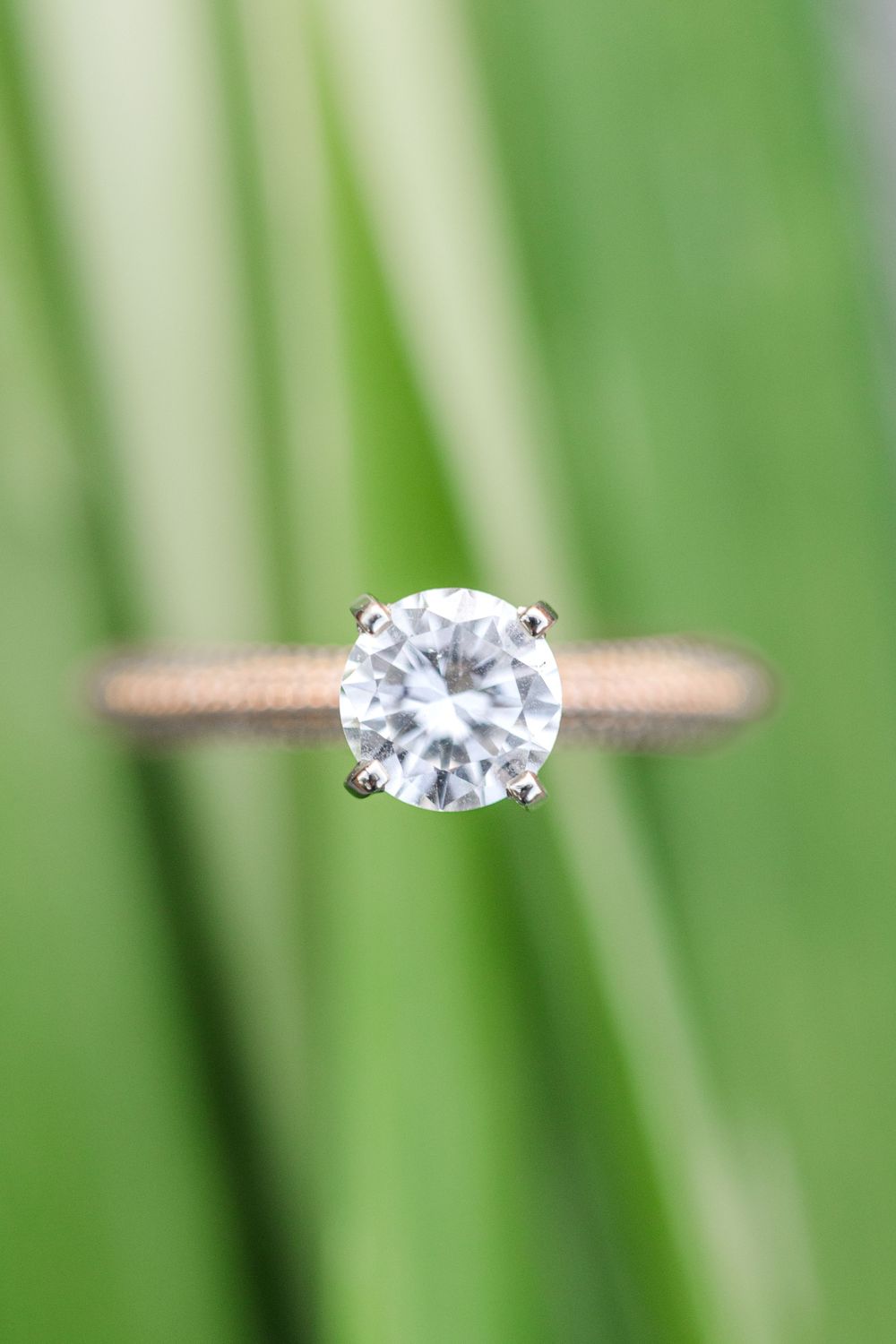 Solitaire diamond engagement ring on rose gold band photographed against blurred green background.