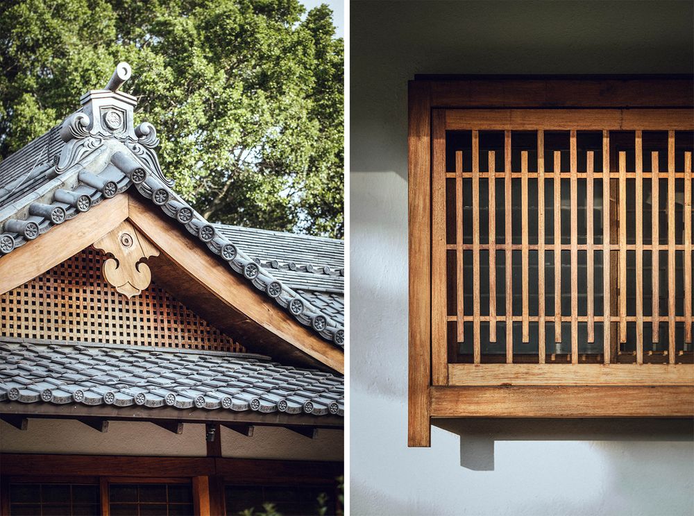 Traditional Japanese architectural details showing ornate roof tiles and wooden window screens.