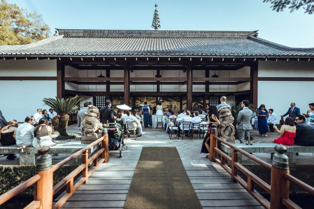 Panoramic view of a Japanese temple complex with traditional rooflines and wooden architecture.