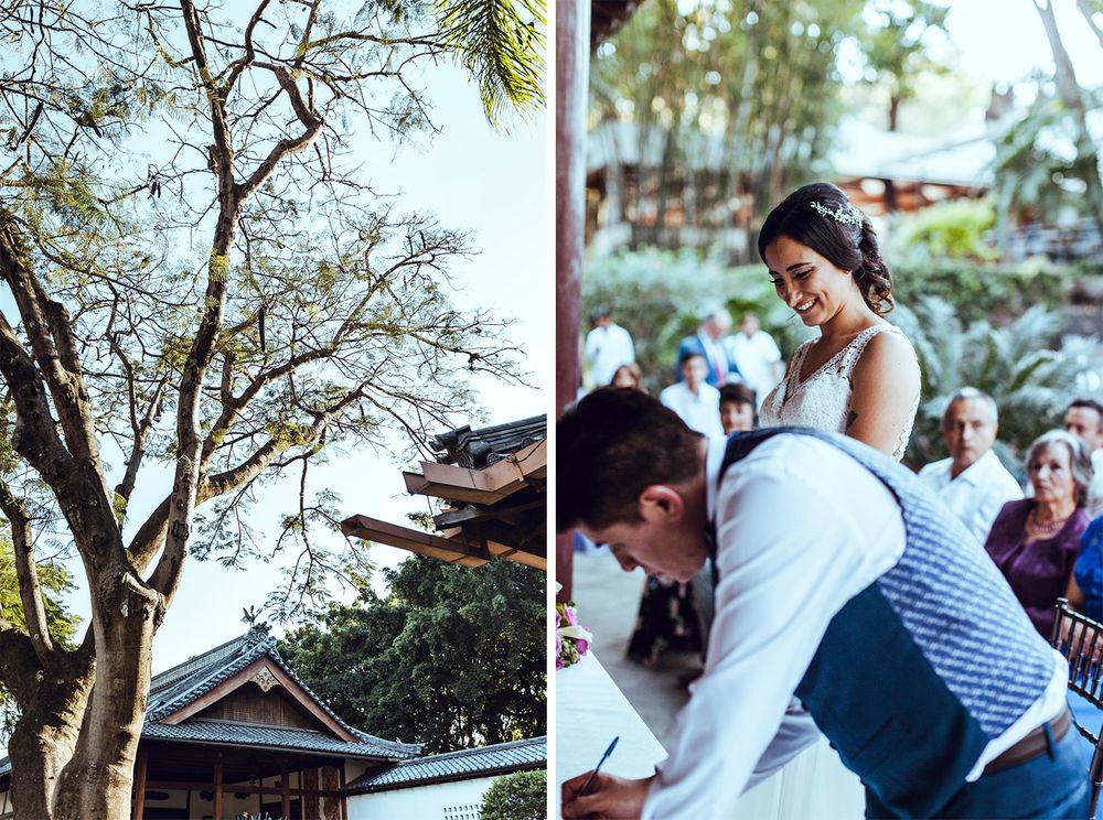 Wedding guests enjoying a casual outdoor celebration under trees.
