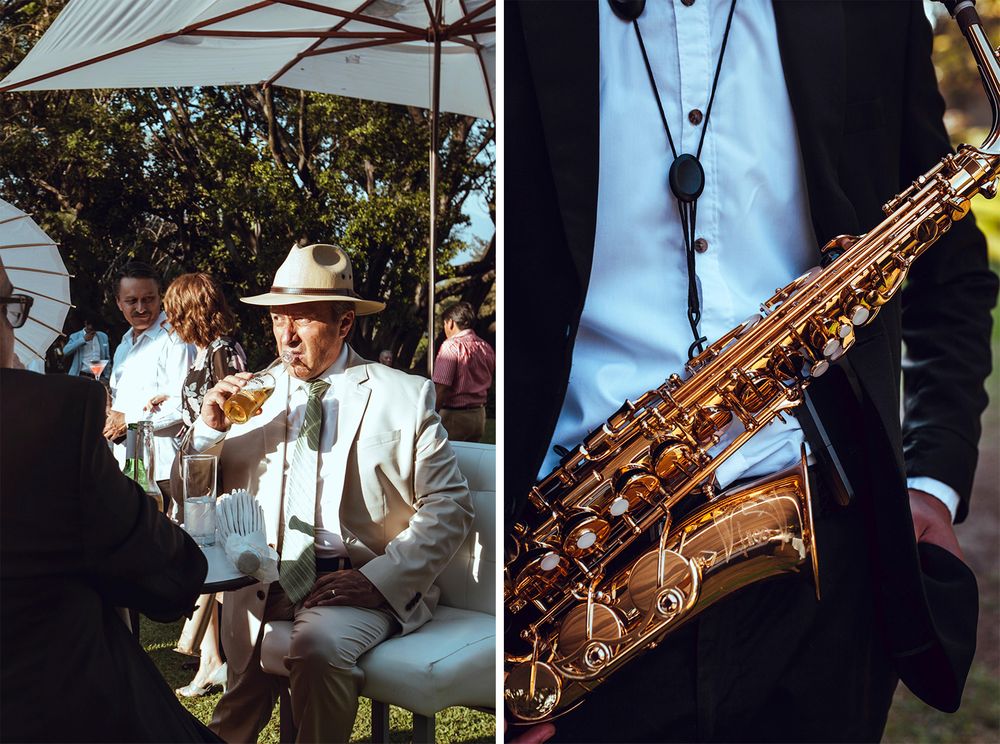 Jazz musicians performing outdoors with saxophone player and brass instruments under a white umbrella.