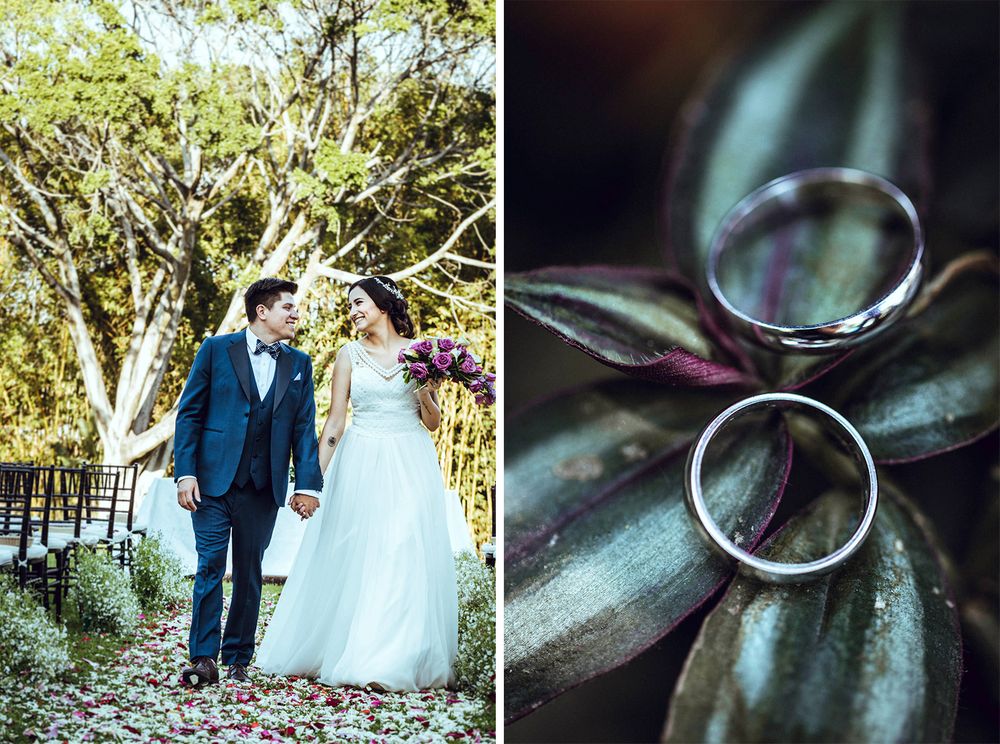 Wedding couple walking outdoors and closeup of rings on dark leaves.