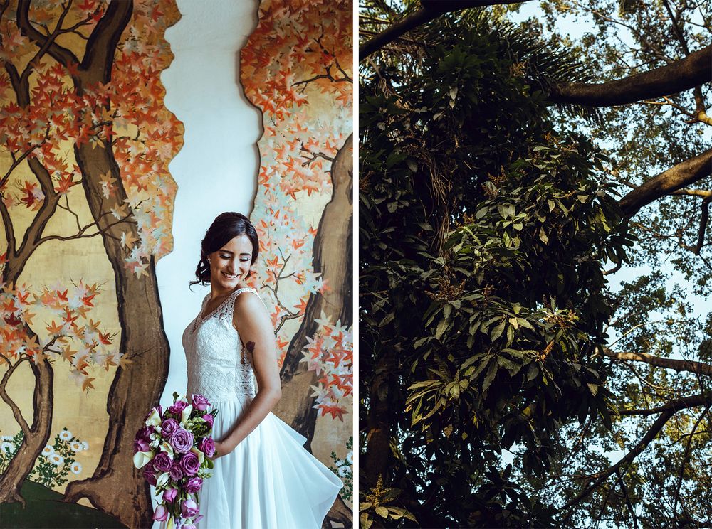 Split image of bride with bouquet against mural and tree branches against sky.