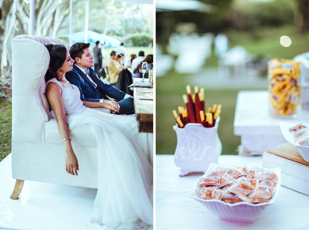 Wedding reception details showing comfortable seating and appetizer station with snacks.