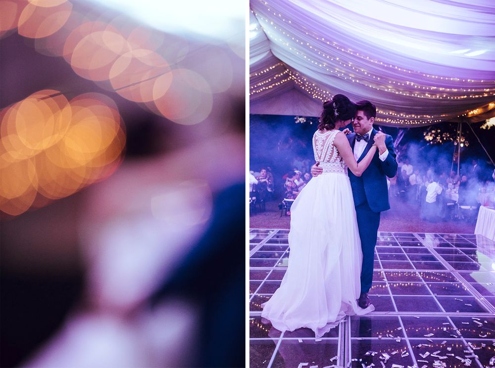 Wedding reception dance floor scene with bokeh lights and purple ambient lighting.