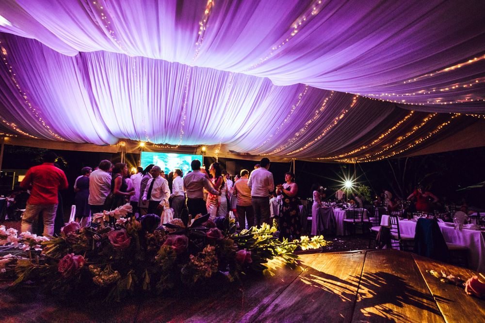 Purple-lit wedding reception venue with draped fabric ceiling and string lights creating a magical atmosphere.
