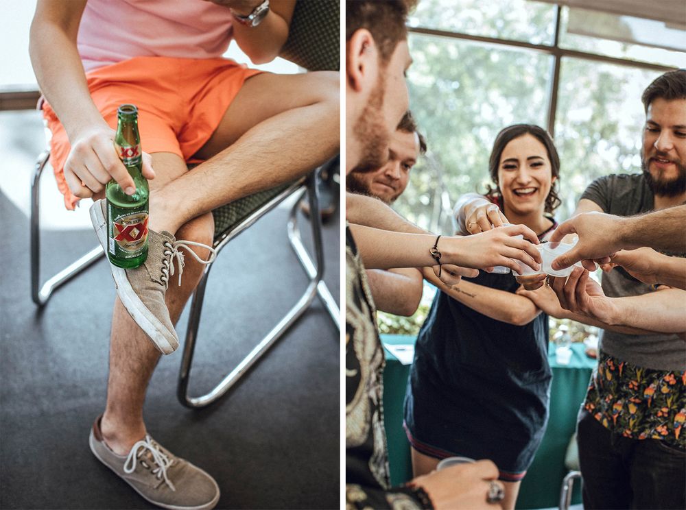 Split image showing a bottle opener and a celebratory group moment.