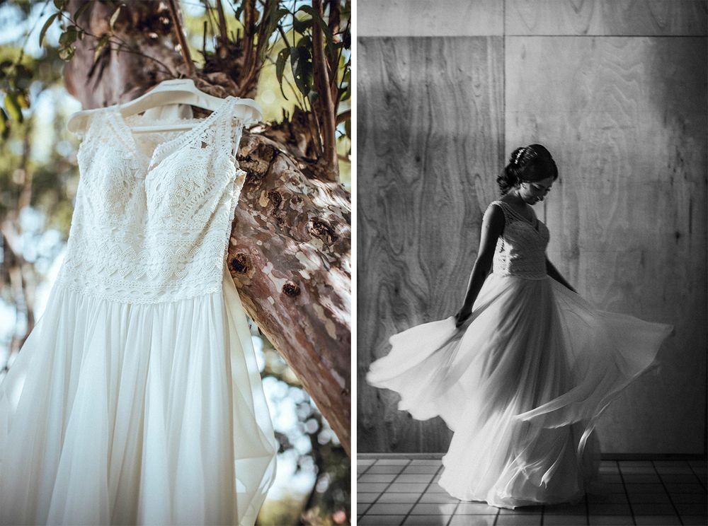 Wedding dress hanging in nature and flowing dress movement in black and white.