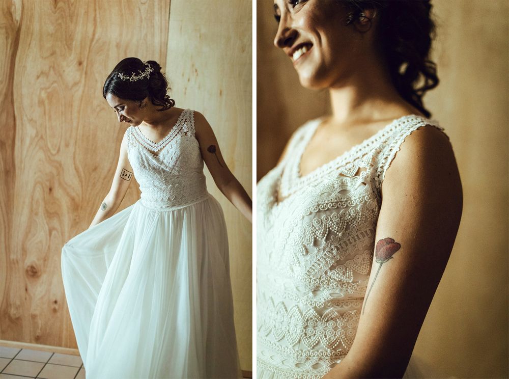 Two views of wedding dress showing detailed lace bodice and flowing movement.