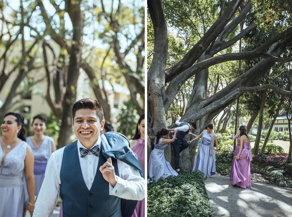 Wedding gathering in a lush garden setting with mixed formal attire.