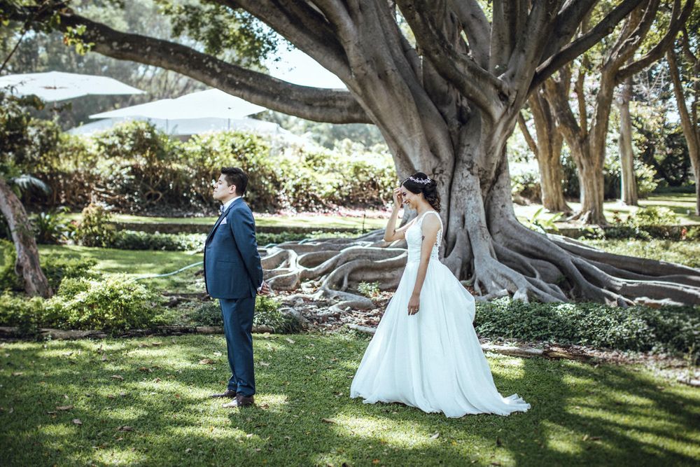 Couple in wedding attire standing by massive tree trunk in sunny garden setting.