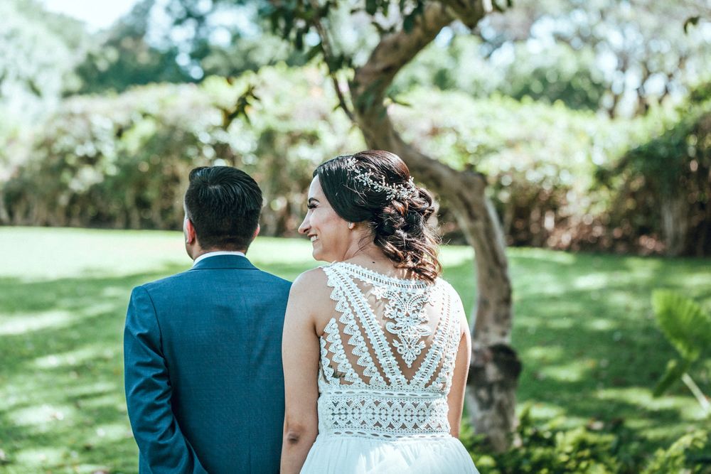 Back view of couple in wedding attire standing on manicured lawn.