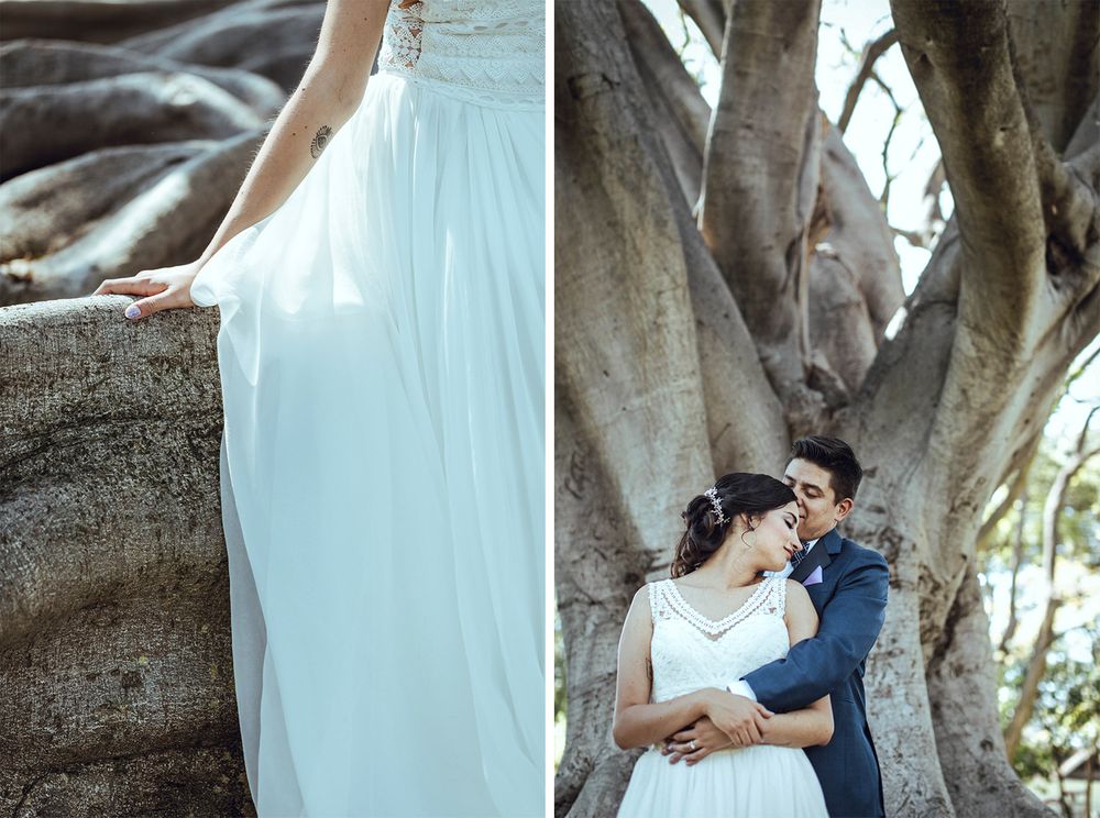 Two artistic wedding photos showing intimate moments against a majestic tree backdrop.