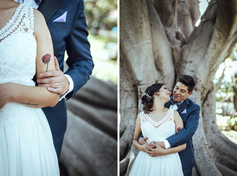 Close-up wedding photos showing tender moments and details of the couple's attire.