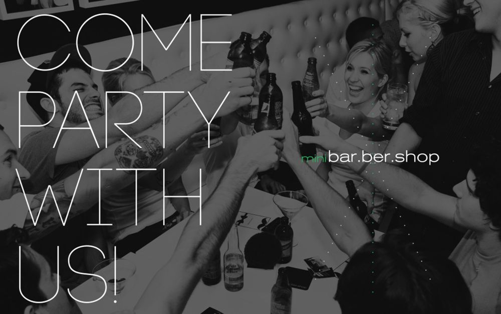 Vintage black and white party promotional image showing people toasting with drinks.