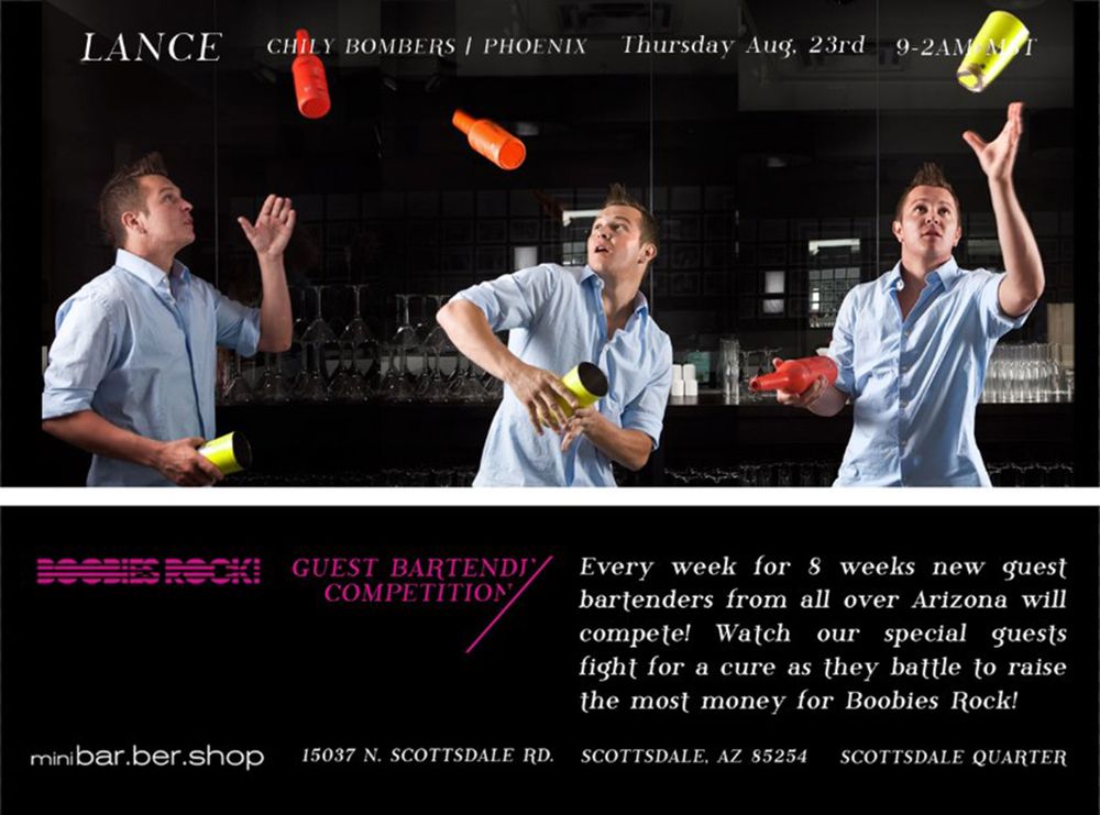 Bar promotional image showing bartenders juggling bottles against dark background.