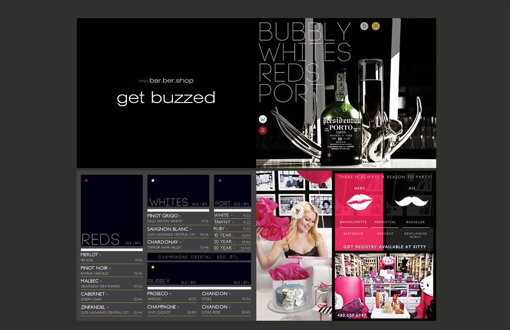 Collage of bar promotional images and menu designs in black and white.