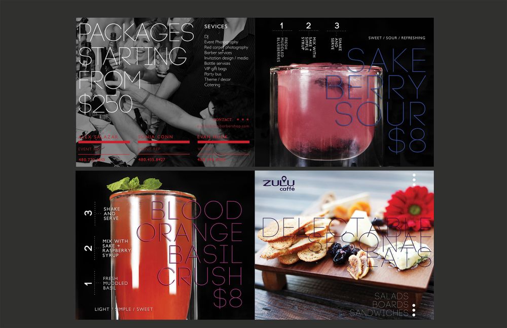 Collection of drink menu photos featuring pink cocktails and food items.