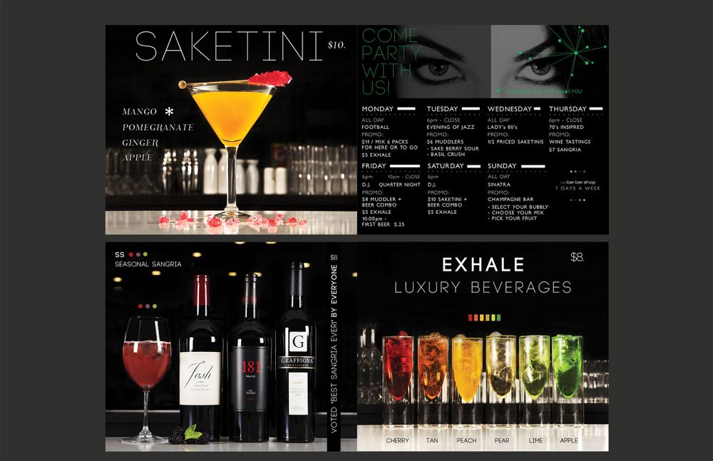 Menu design showing cocktail images and drink listings in dark modern style.