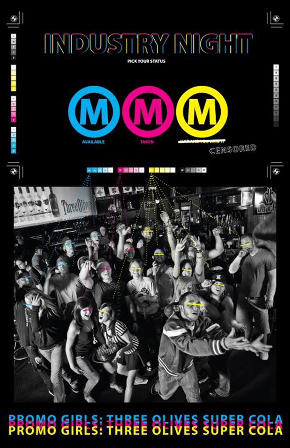 Industry night event poster with colorful MMM logo and crowd photo.