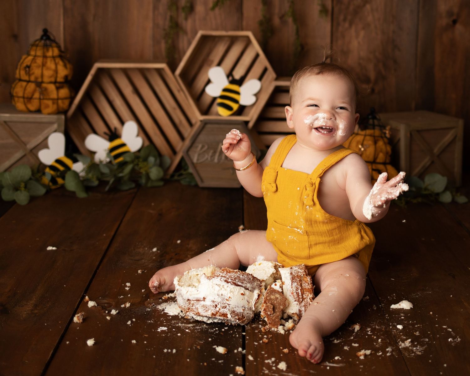 Happy Bee-Day Cake smash studio session in Vassalboro Maine near Augusta maine and Waterville maine. Studio photographer