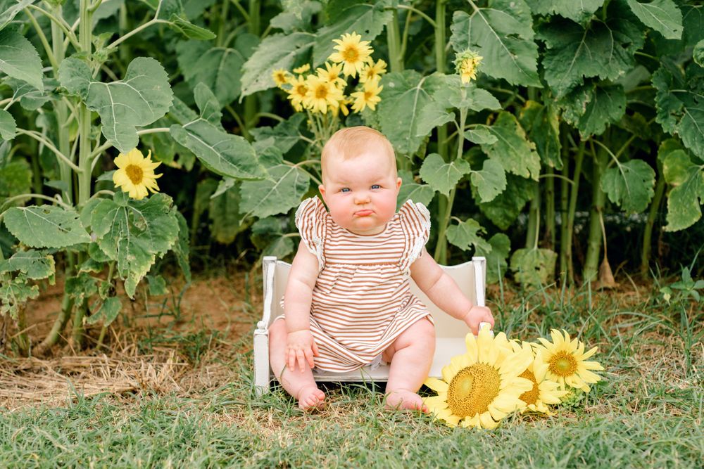 Smiling baby in striped outfit sits beside sunflowers in garden.