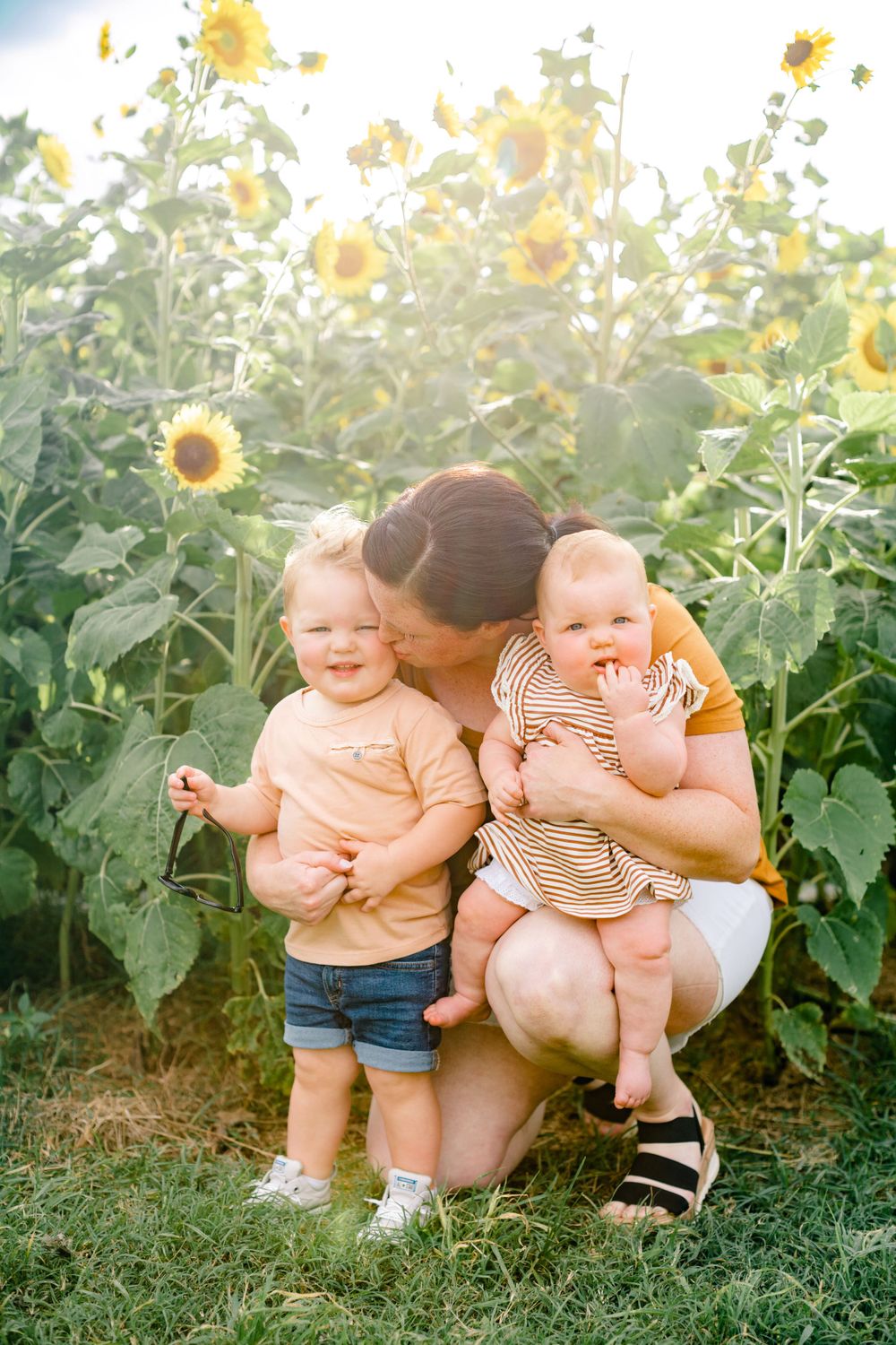 Family enjoys tender moment together in front of blooming sunflower garden during golden hour.