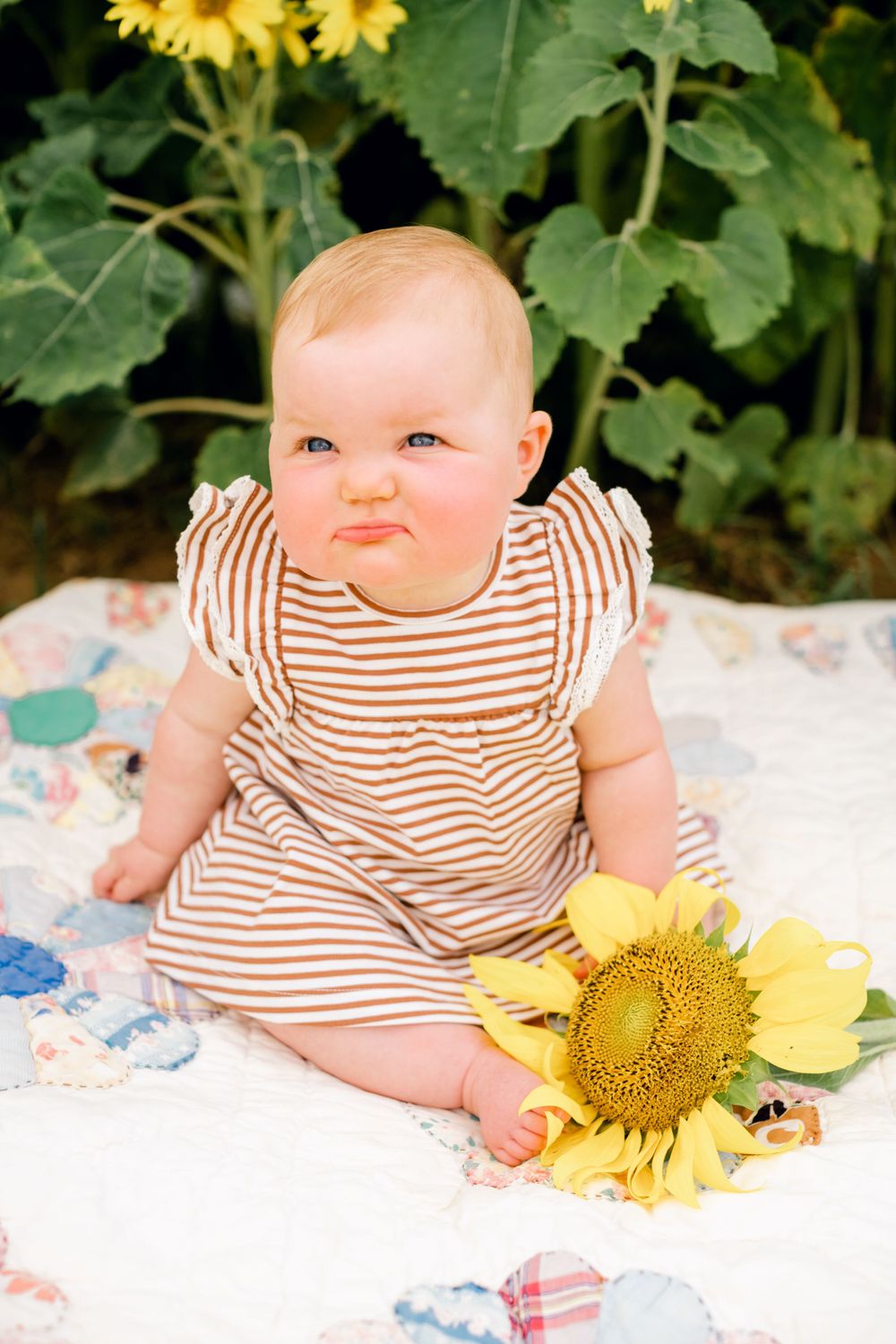 Baby wearing ruffled striped dress sits on floral blanket next to bright sunflower.