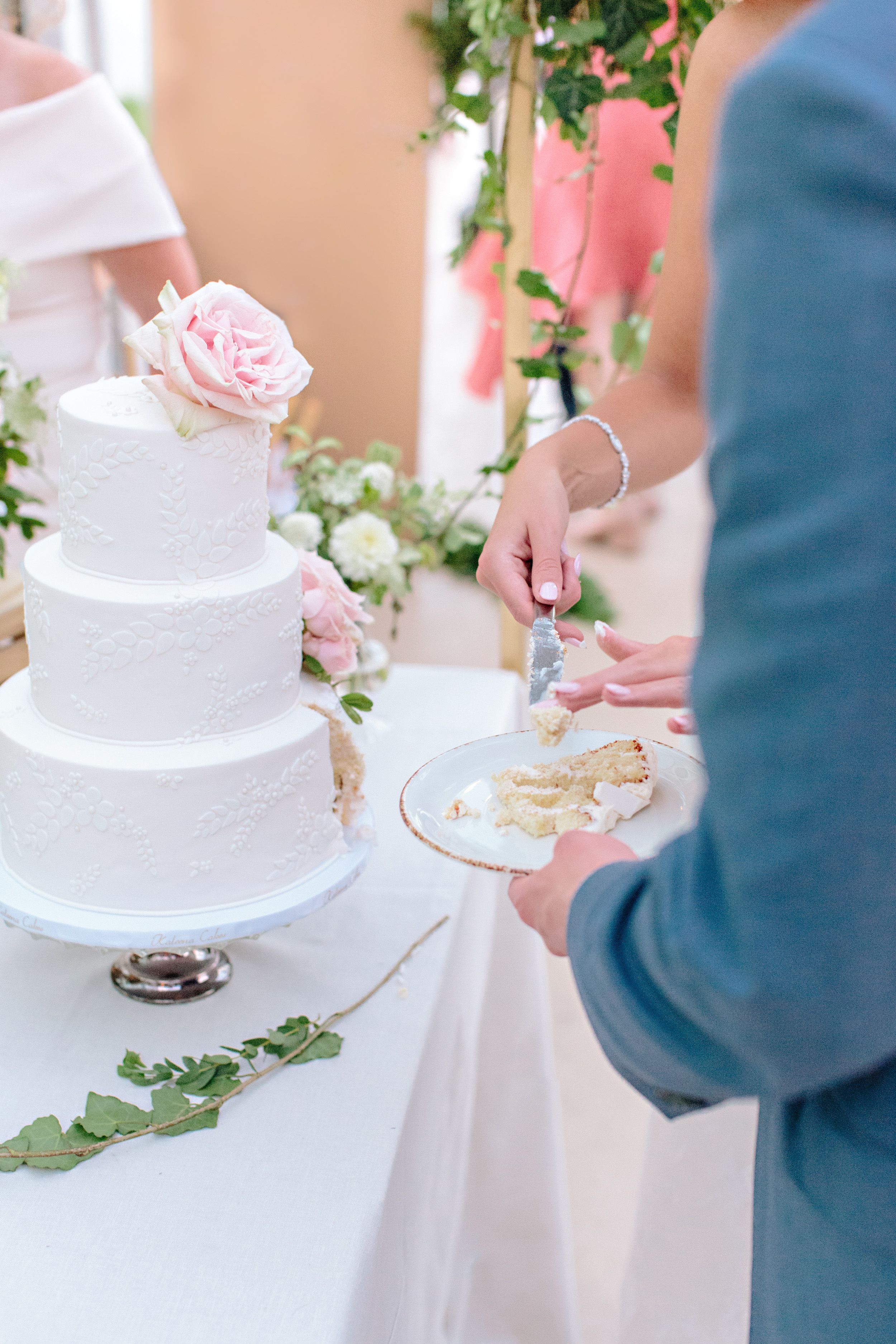 bride and groom cutting wedding cake