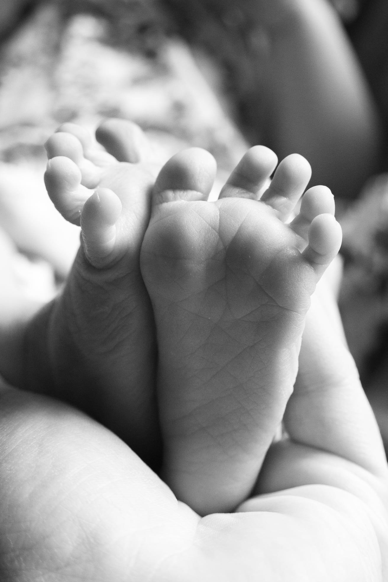 Newborn baby feet being held in the palm of her mother's hand.
