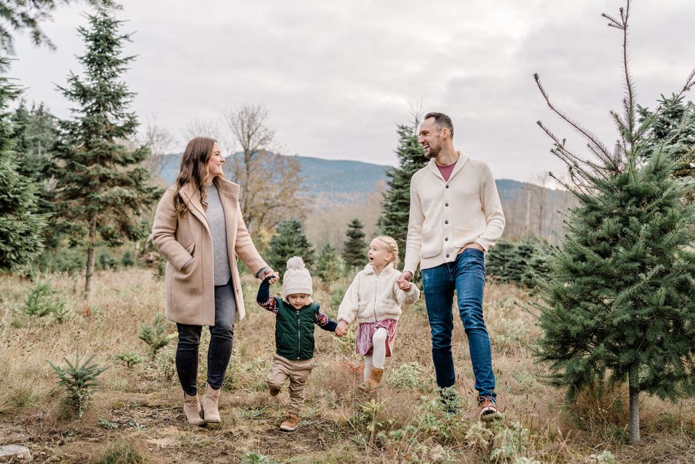 sunset lifestyle family photo walking through the tree farm whatcom county