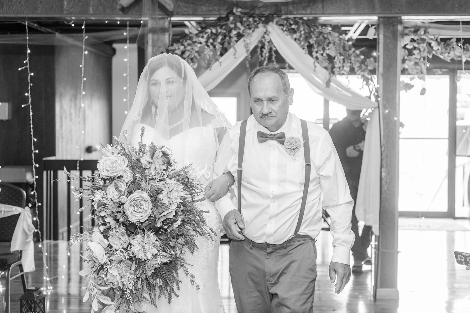 Black and white photo collage of a wedding celebration showing candid moments and dancing.