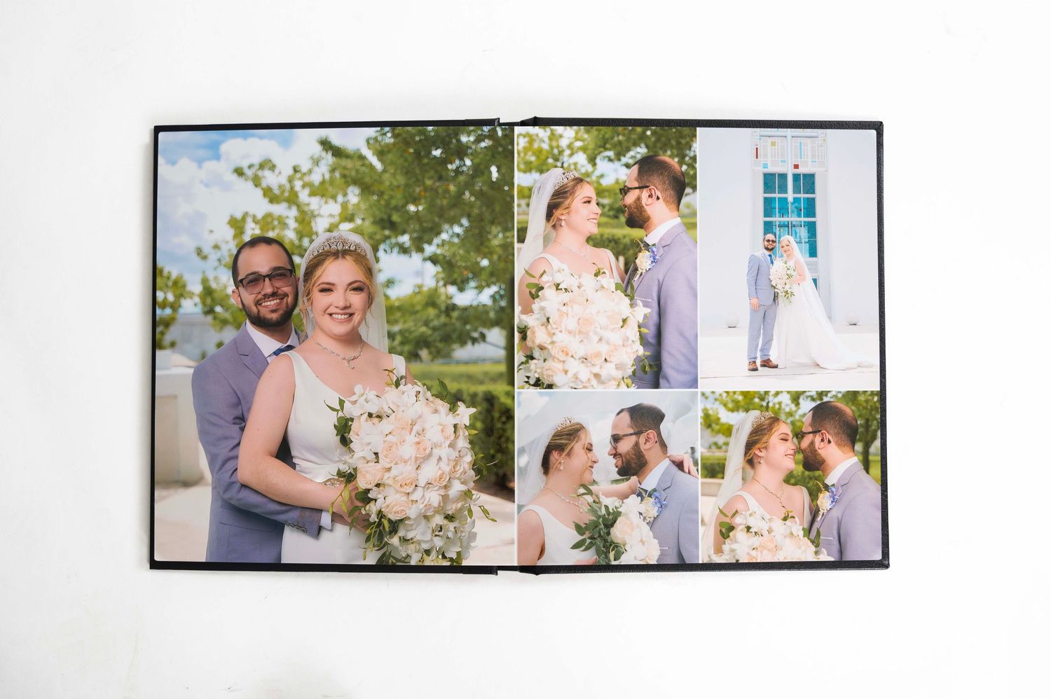 Wedding album spread showing romantic moments with floral bouquets and outdoor photography.