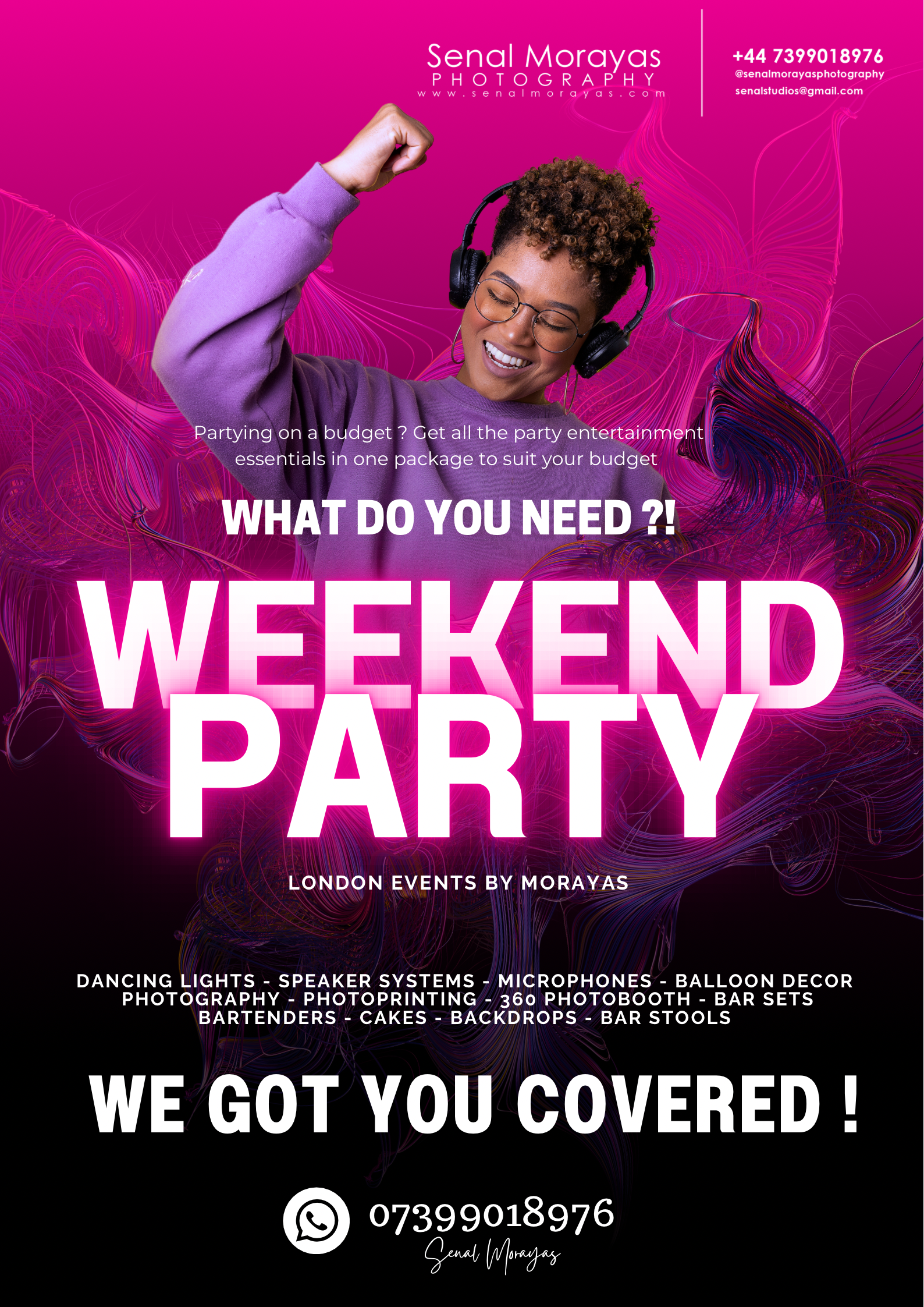 Magenta colored party services advertisement banner with event equipment listings.