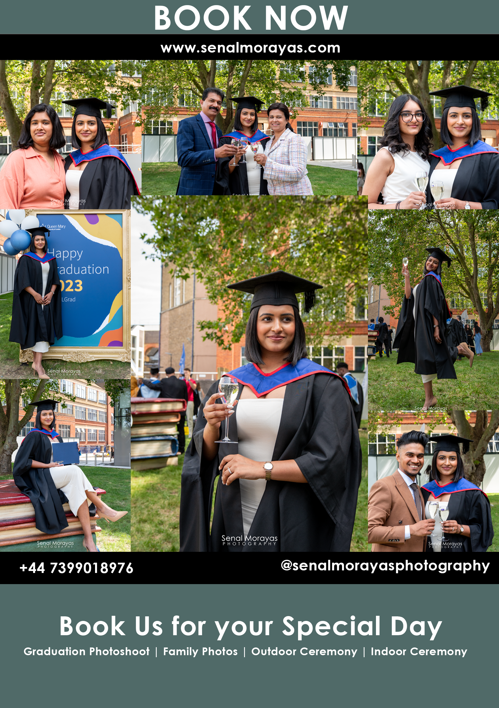 Graduation photography advertisement showing various outdoor ceremony and celebration shots.