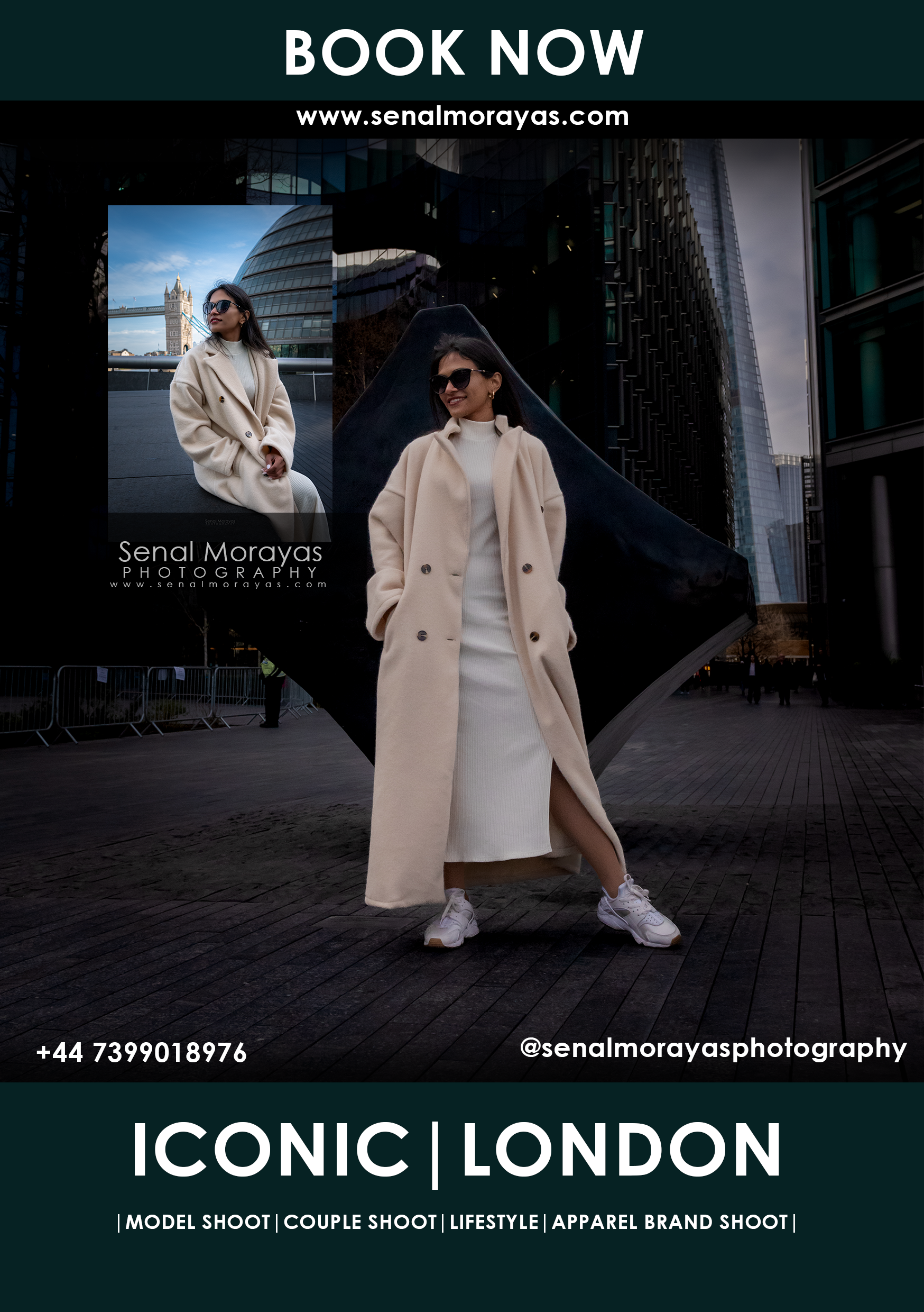 Professional fashion photography advertisement showcasing a model in a cream coat against urban London backdrops.