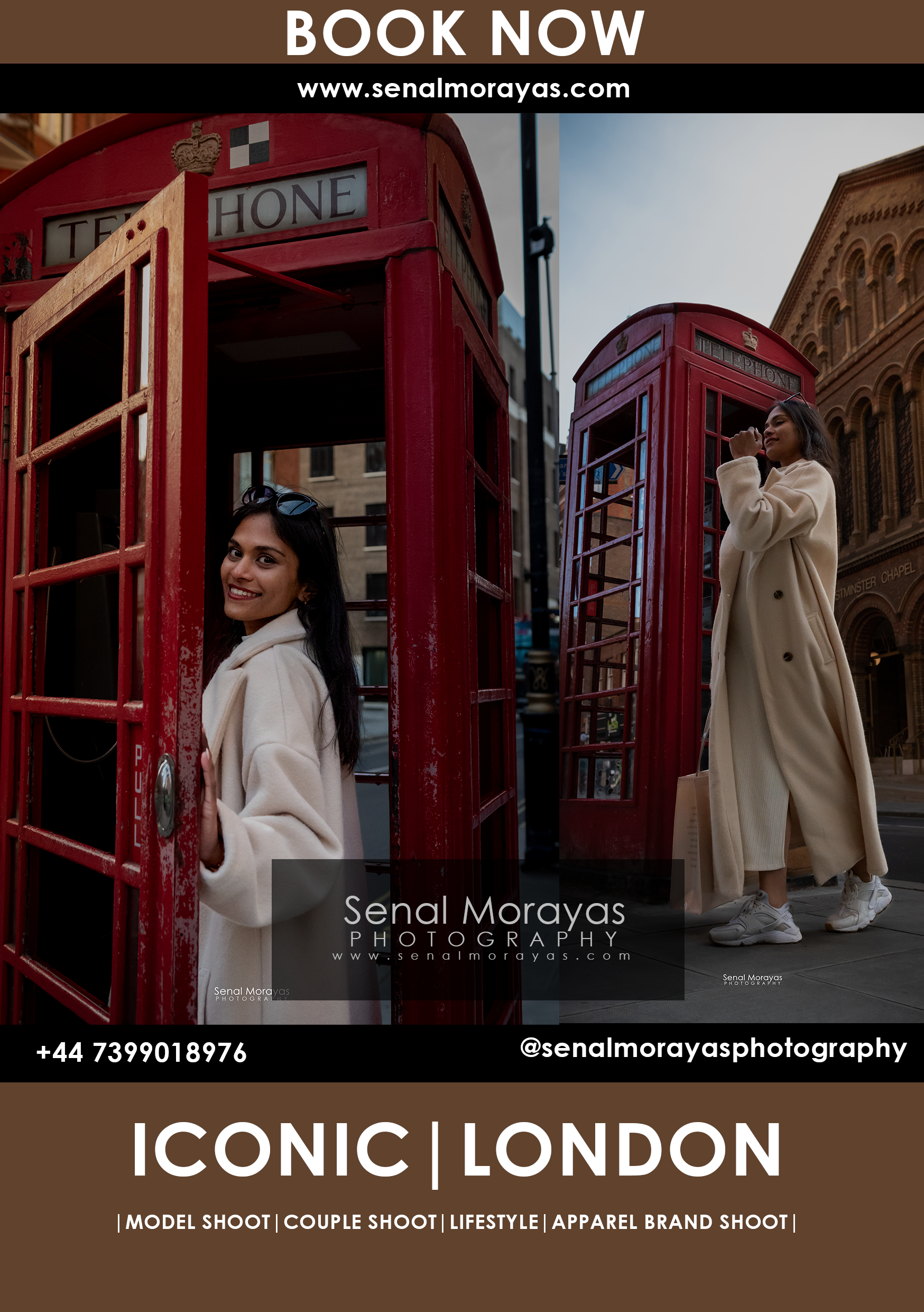 London-themed photography advertisement featuring iconic red phone booths and urban scenes.