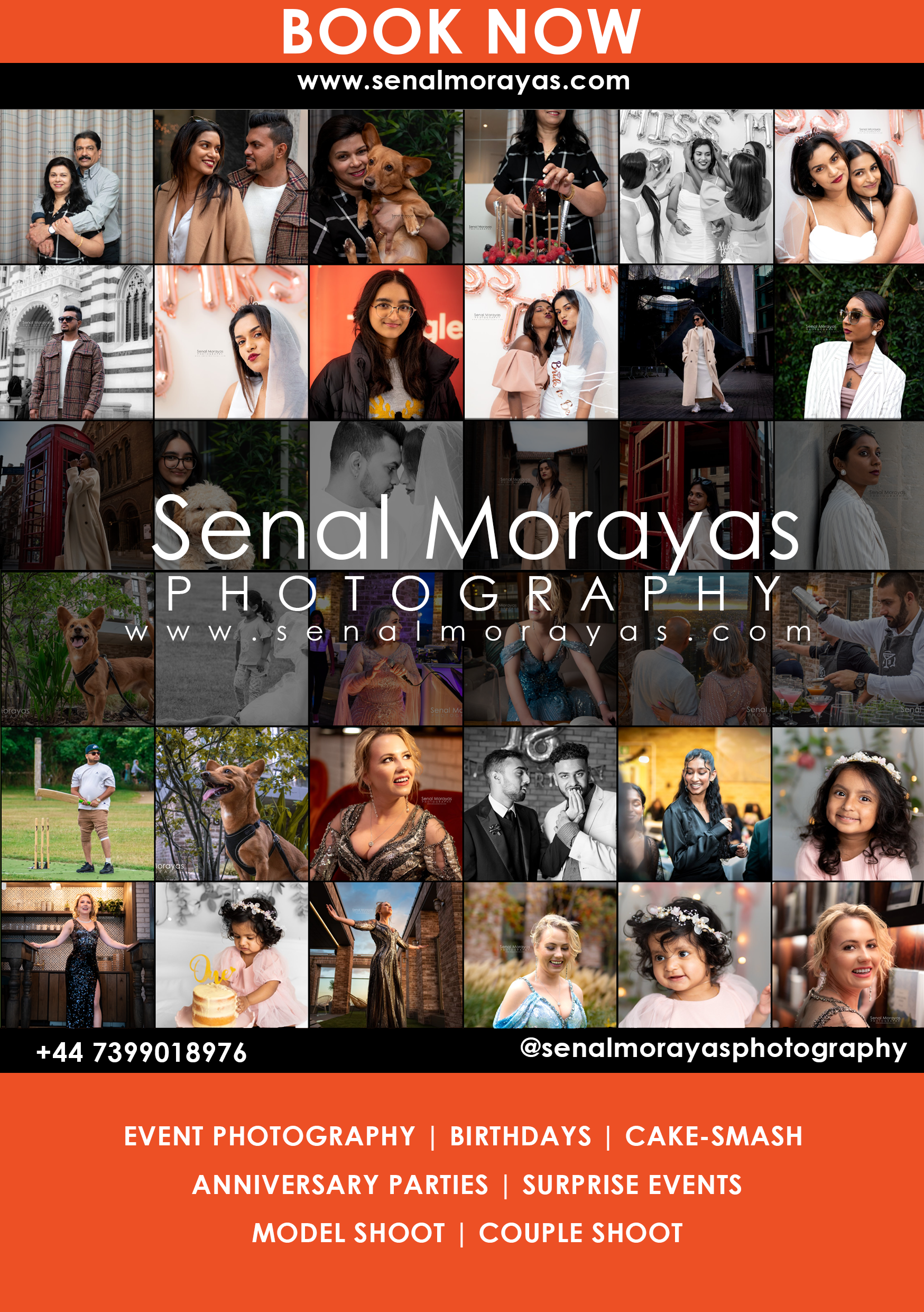 Photography service advertisement displaying a collage of event and portrait photos with booking information.