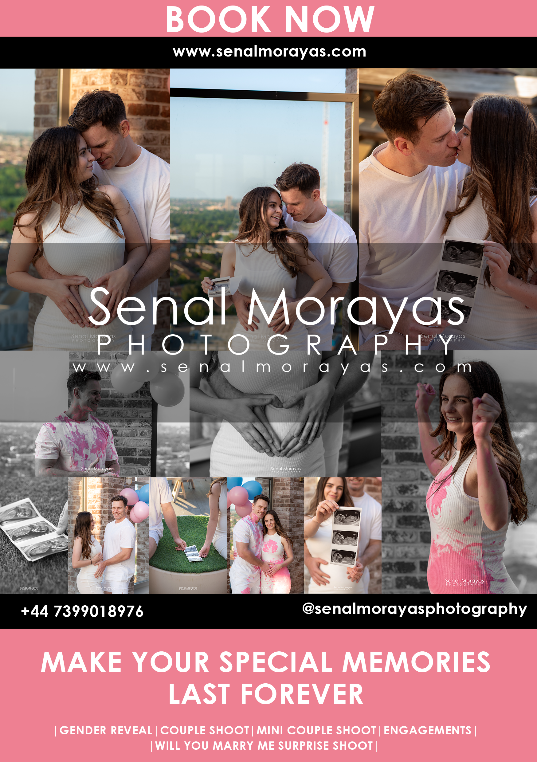 Wedding and engagement photography promotional banner with romantic couple photoshoot samples.