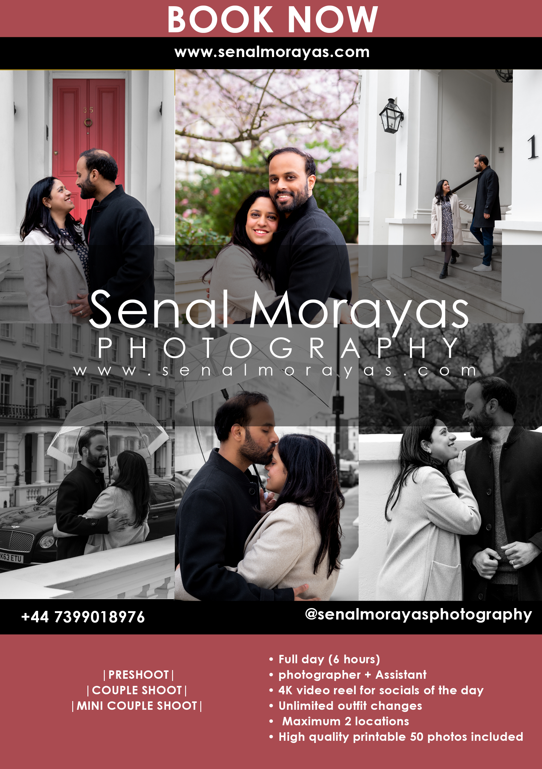 Photography pricing and package details banner with black and white photoshoot samples.