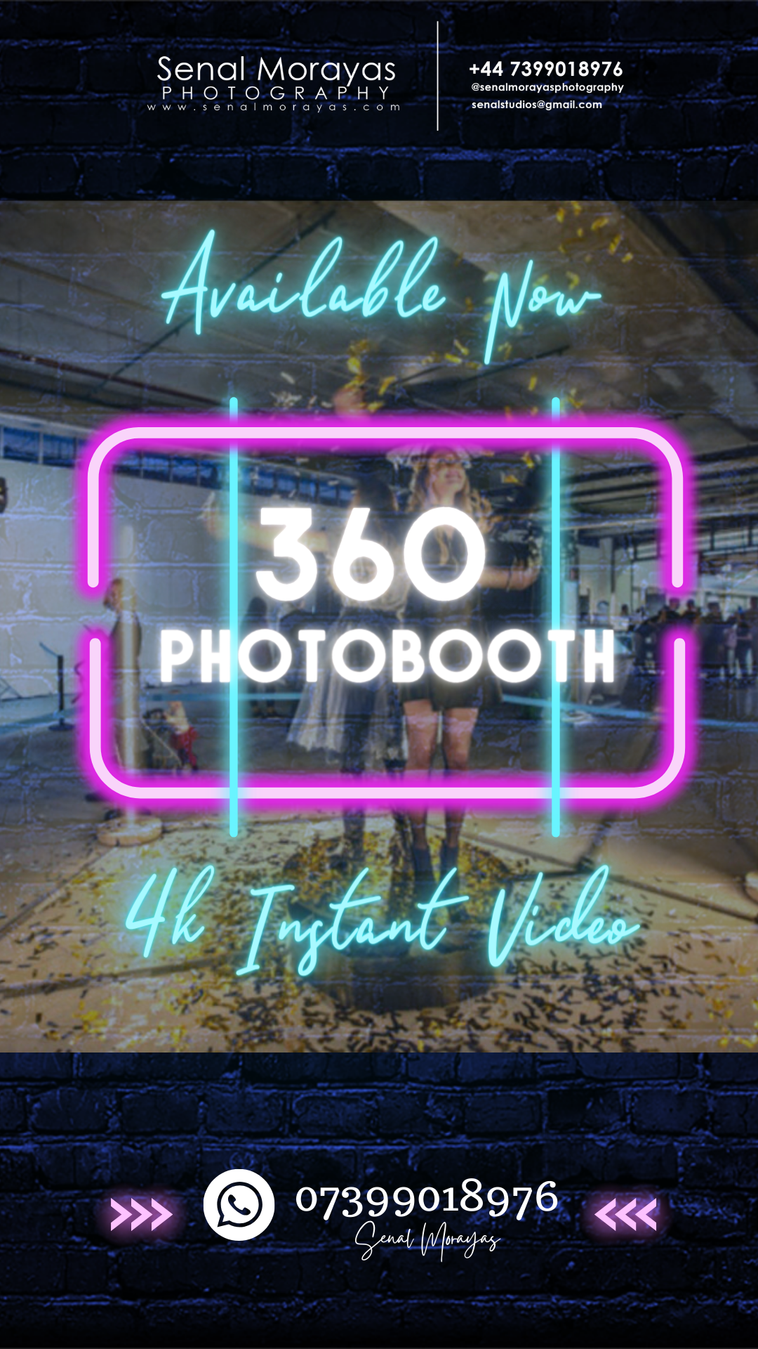 Neon-style photobooth advertisement with glowing text effects on dark background.