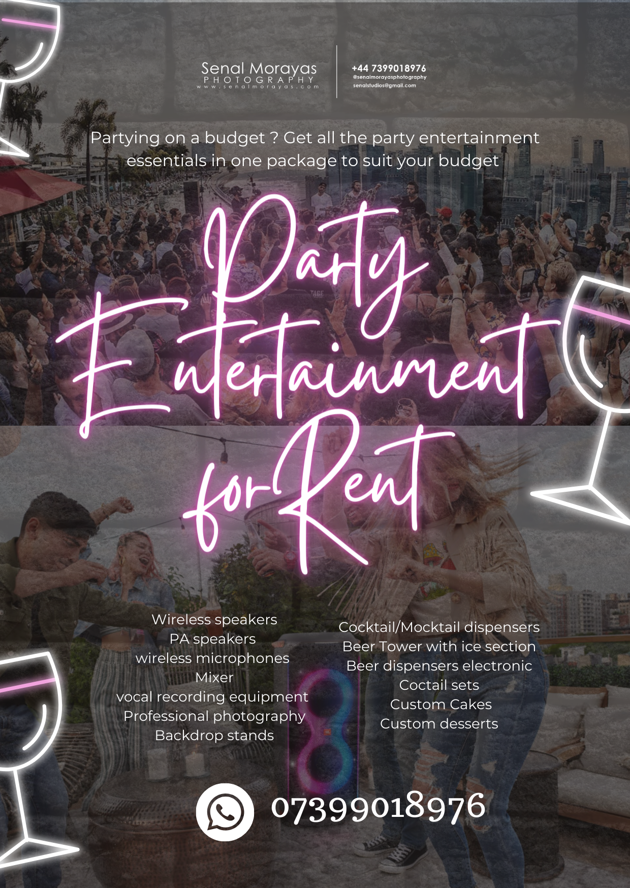 Purple and pink party entertainment advertisement showing services like DJ, speakers, and cocktail dispensers.